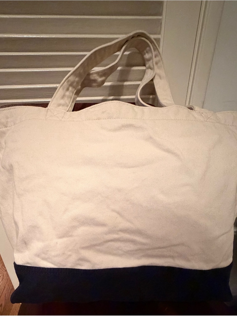 Brandy Melville Two-Tone Canvas Tote in Natural and Navy with Zip Closure